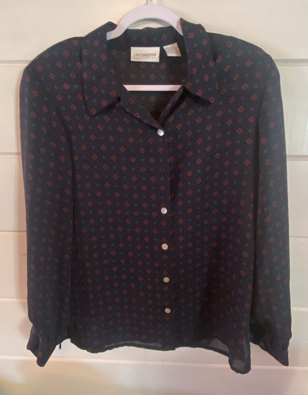 Liz Claiborne Collection Navy Medallion Print Long Sleeve Button Down Blouse Siz
